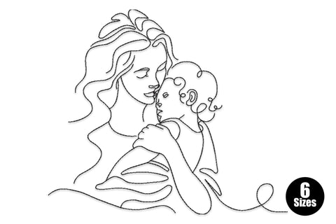 Mother and child line art embroidery, gestural minimal figures, single colour running stitch, 6 sizes up to 6.85 inches