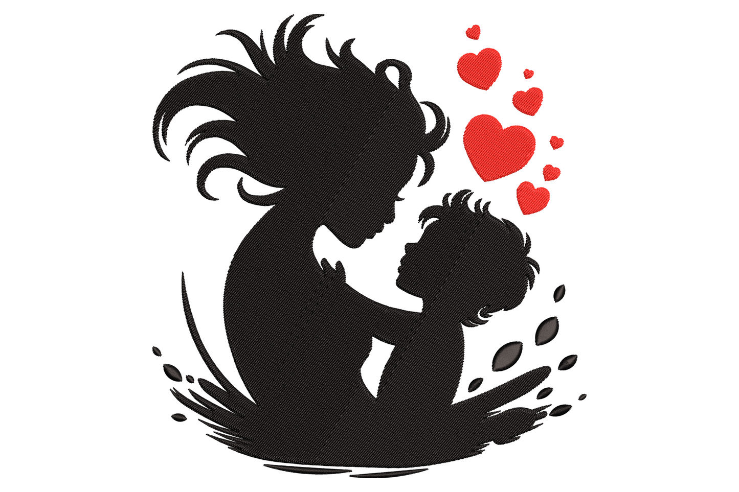 Mother and child silhouette embroidery with solid black side-profile portraits and bright red hearts floating between them.