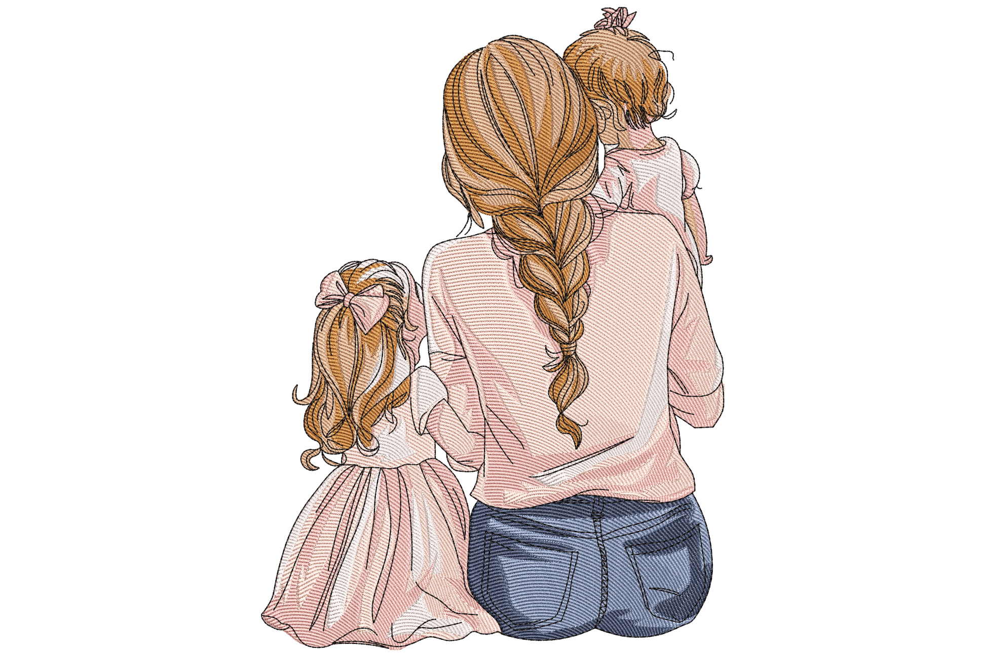 Vertical illustration of mum in taupe floral dress with two daughters in dusty pink dresses tucked close, minimalist line and fill style in earthy warm palette.