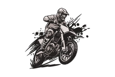 Motocross rider embroidery in charcoal grey and black, dirt bike leaning forward with speed splatter marks and motion lines.