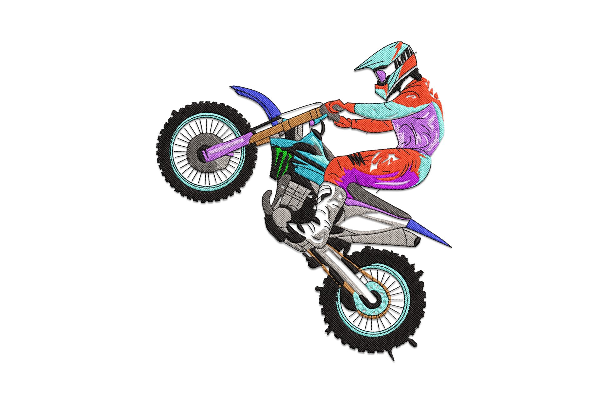 Motocross wheelie rider embroidery design, dirt bike front wheel lifted in wheelie with rider in full gear and dust spray behind