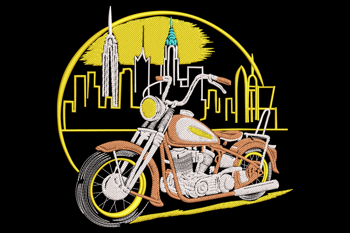 Motorcycle city skyline embroidery badge, tan chopper, white art deco skyline, yellow circle frame on jet black ground.