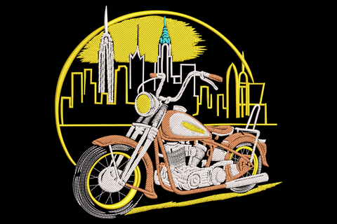 Motorcycle city skyline embroidery badge, tan chopper, white art deco skyline, yellow circle frame on jet black ground.