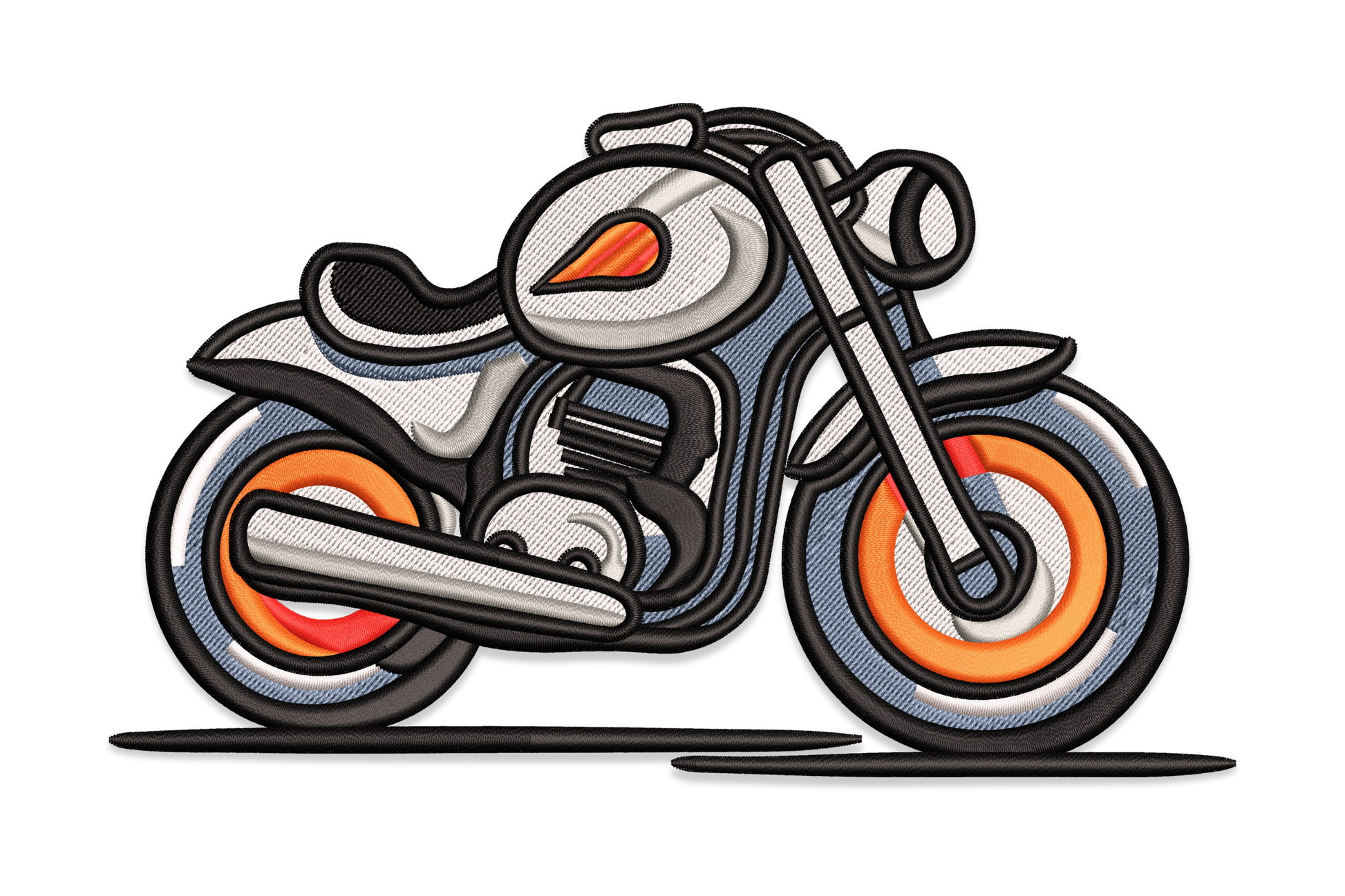 Cafe-racer motorcycle embroidery design in steel-grey and orange with bold black outline in compact side-profile view.
