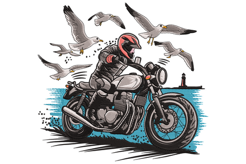 Cafe racer motorcycle rider in red helmet with seagulls flying around the head and a small coastal lighthouse silhouette.
