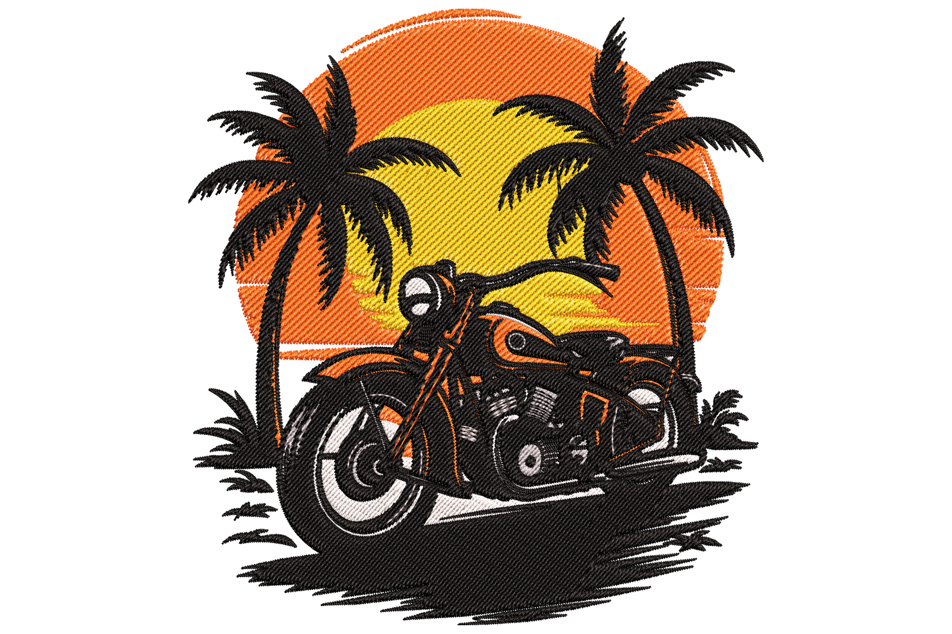 Motorcycle sunset embroidery, vintage cruiser silhouette with two palm trees and orange circular sunset on dark background.