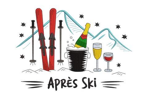 Illustration of skis, ski poles, a bottle of champagne, and glasses with 'APRèS SKI' text on a white background.
