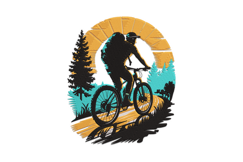 Mountain bike adventure machine embroidery design, 5 colours, rider on trail with mountain peaks silhouette, bold graphic style