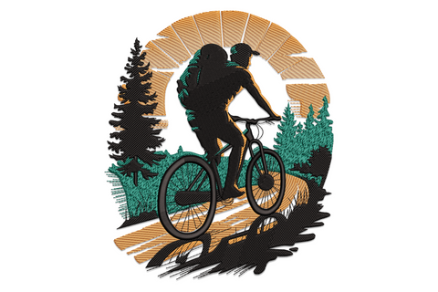 Mountain biking embroidery design, circular badge style, black rider silhouette, orange sun, teal pine trees, 3 colors.