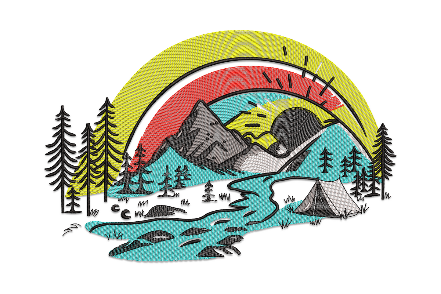 Mountain camping landscape embroidery design with tent, pine trees, and sunrise arc in 6 thread colours.