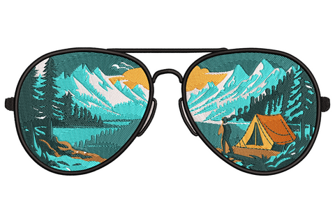 Mountain camping reflection in sunglasses embroidery design with navy peaks, pine forest and orange tent inside gold aviator lenses.