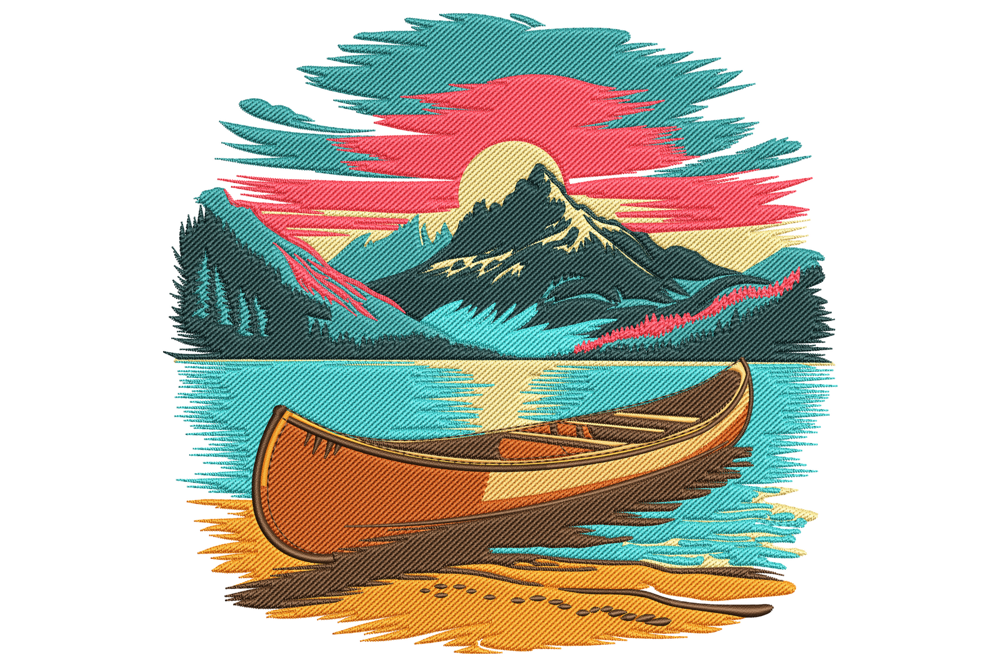 Mountain canoe sunset embroidery design, canoe on water, mountain peaks, layered orange peach sky, 10 colours on olive canvas
