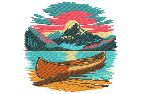 Mountain canoe sunset embroidery design, canoe on water, mountain peaks, layered orange peach sky, 10 colours on olive canvas