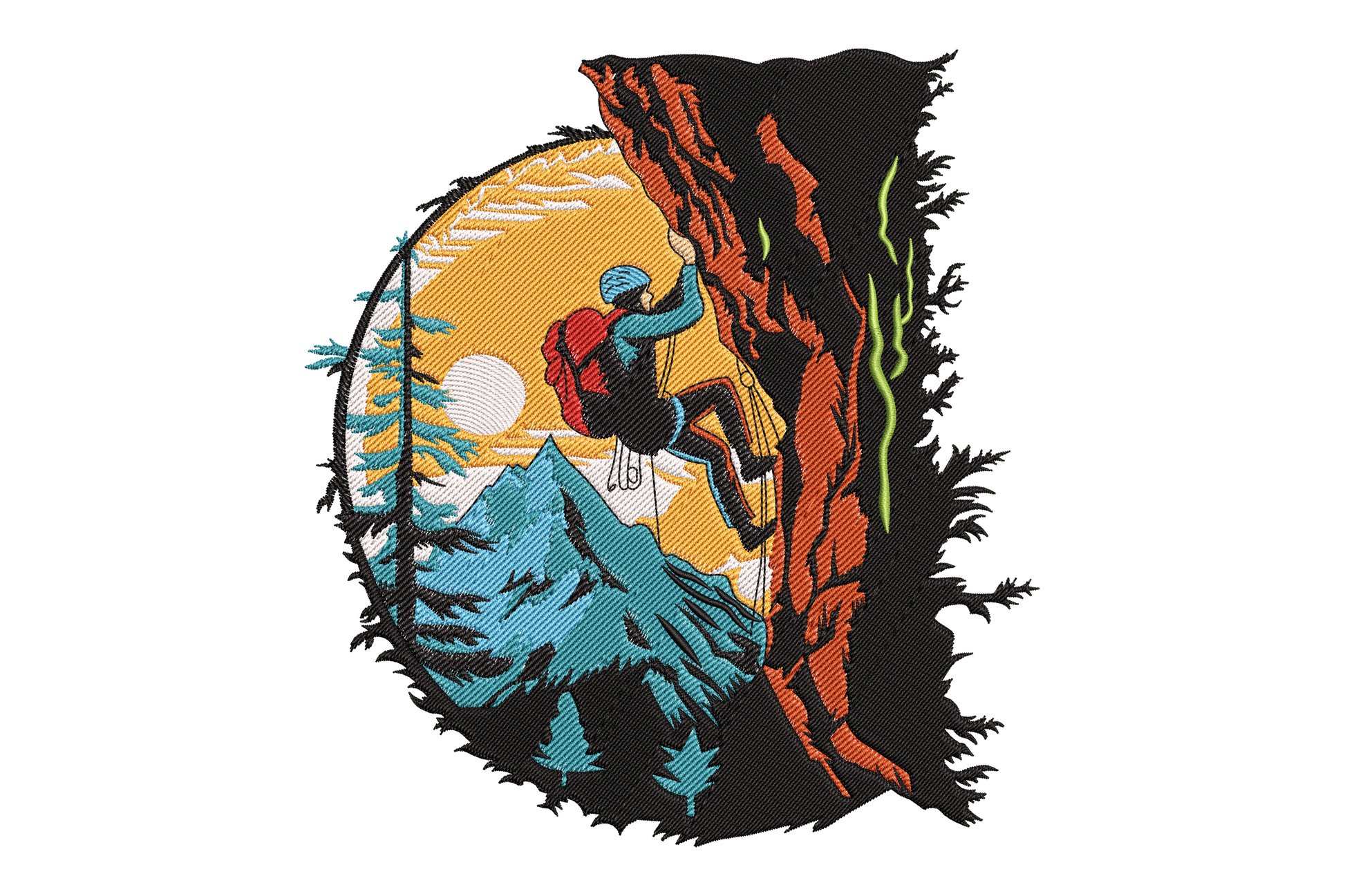 Embroidery design of a rock climber on a cliff, circular scene with orange sun, blue pines, mountain peaks, 9 colors