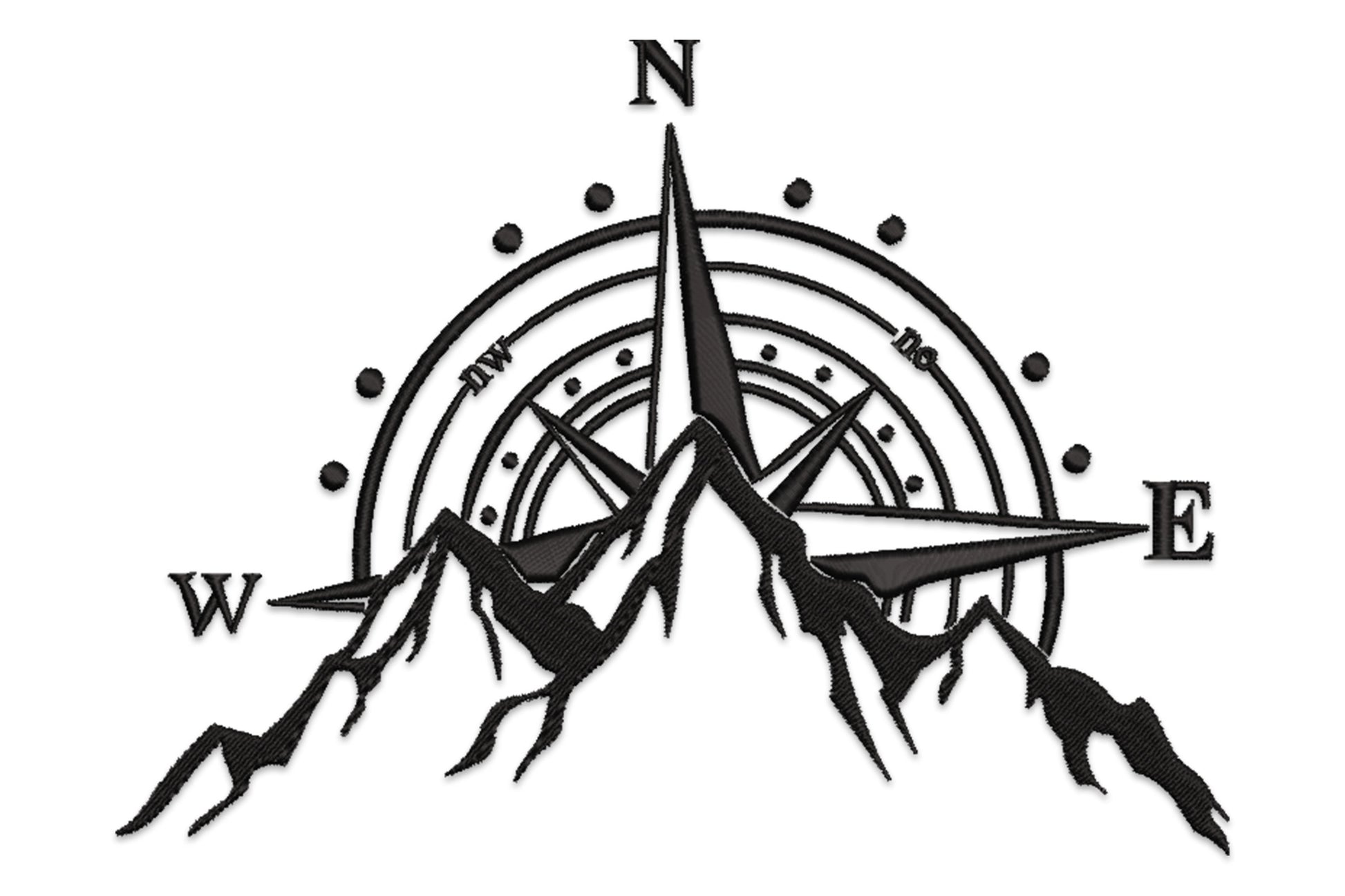 Mountain compass embroidery with compass rose over jagged peaks in black, 5 sizes.