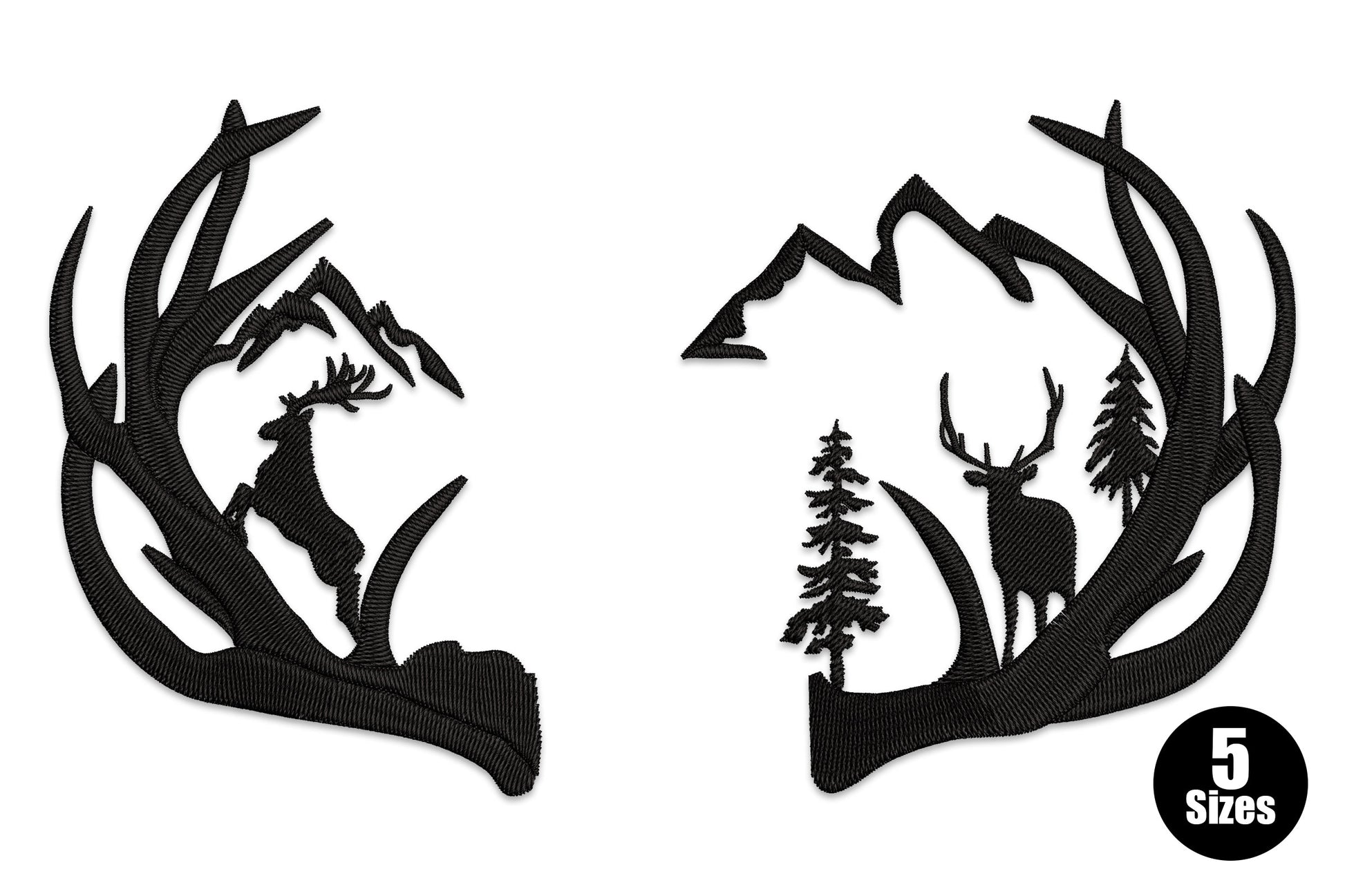 Black silhouette embroidery of two deer antlers framing a mountain woodland scene with a stag, pine trees and mountain peaks.