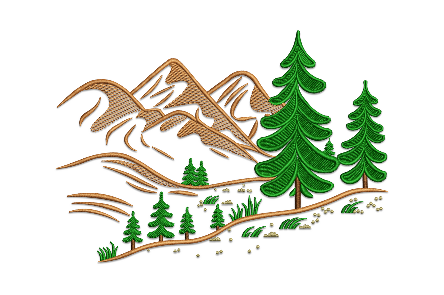 Mountain forest landscape machine embroidery design, layered pine tree silhouettes with angular peaks in 4 colour thread palette