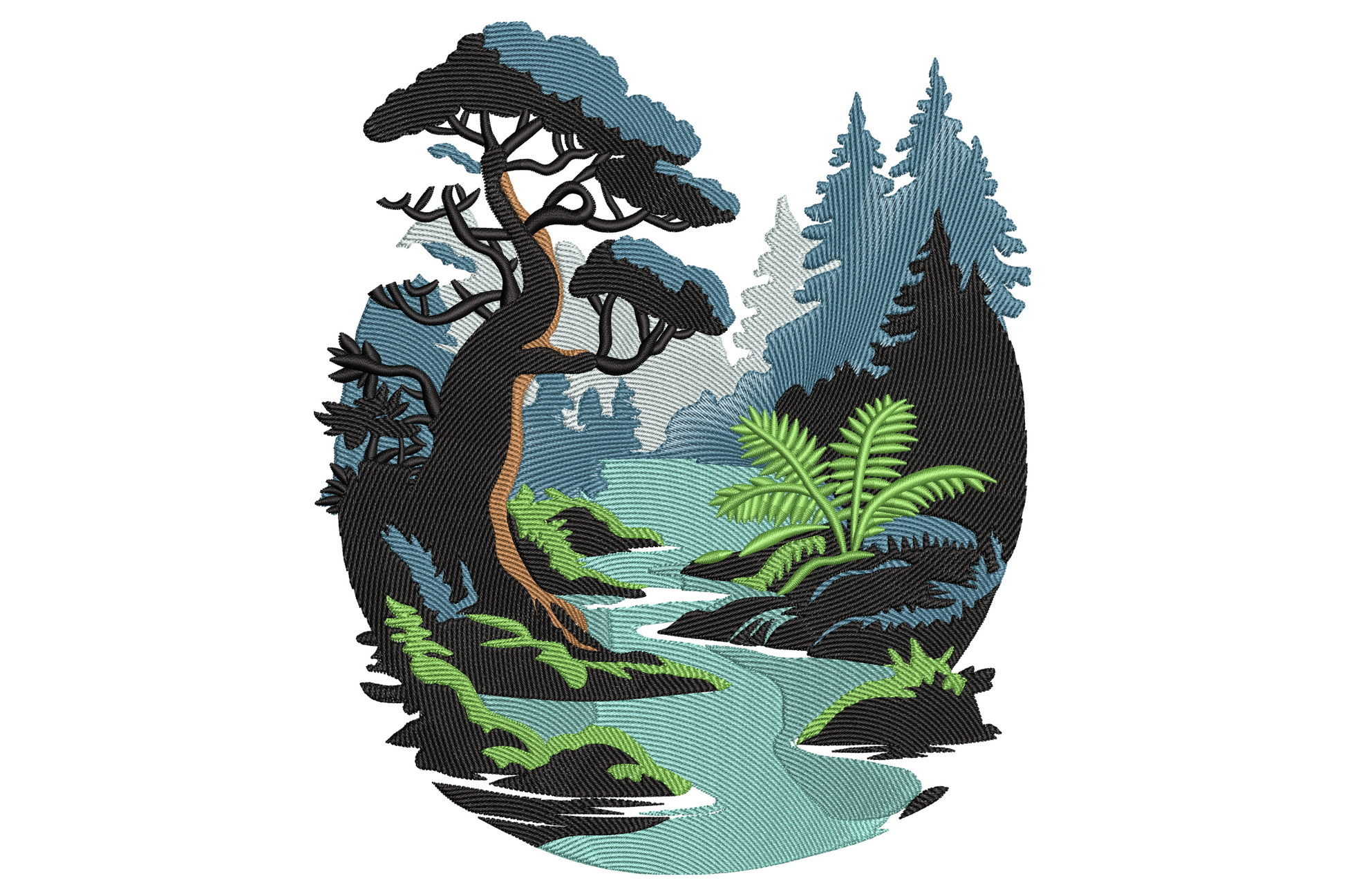 Embroidery circular woodland scene with a tall leaning tree, dark evergreens, green ferns and a pale river winding through.