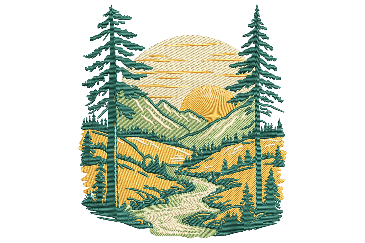 Sage green and mustard yellow mountain landscape embroidery with two pines, layered ridge, rising sun and a winding river.