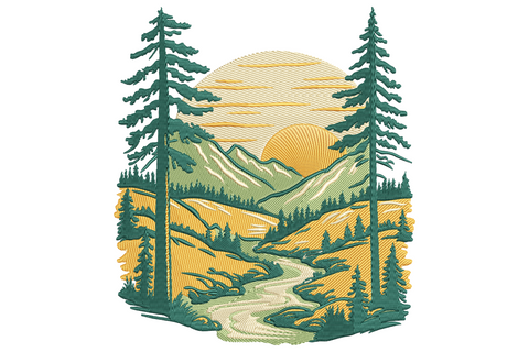Sage green and mustard yellow mountain landscape embroidery with two pines, layered ridge, rising sun and a winding river.