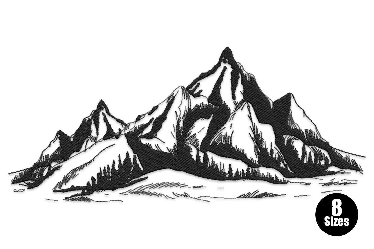 Mountain landscape line art embroidery design with engraving-style hatched peaks, pine treeline and wispy ground in single colour black.
