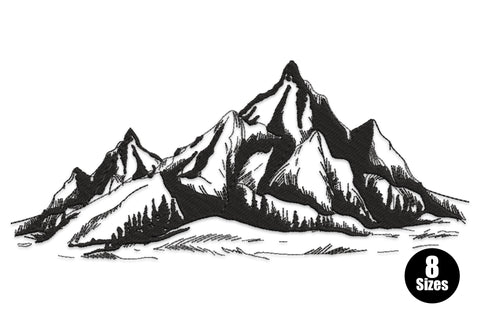Mountain landscape line art embroidery design with engraving-style hatched peaks, pine treeline and wispy ground in single colour black.