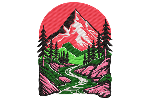 Mountain landscape embroidery in arch vignette shape with white snow peak, rose-pink rocks and circular sun, dark pine trees and winding white river in 6 colours.