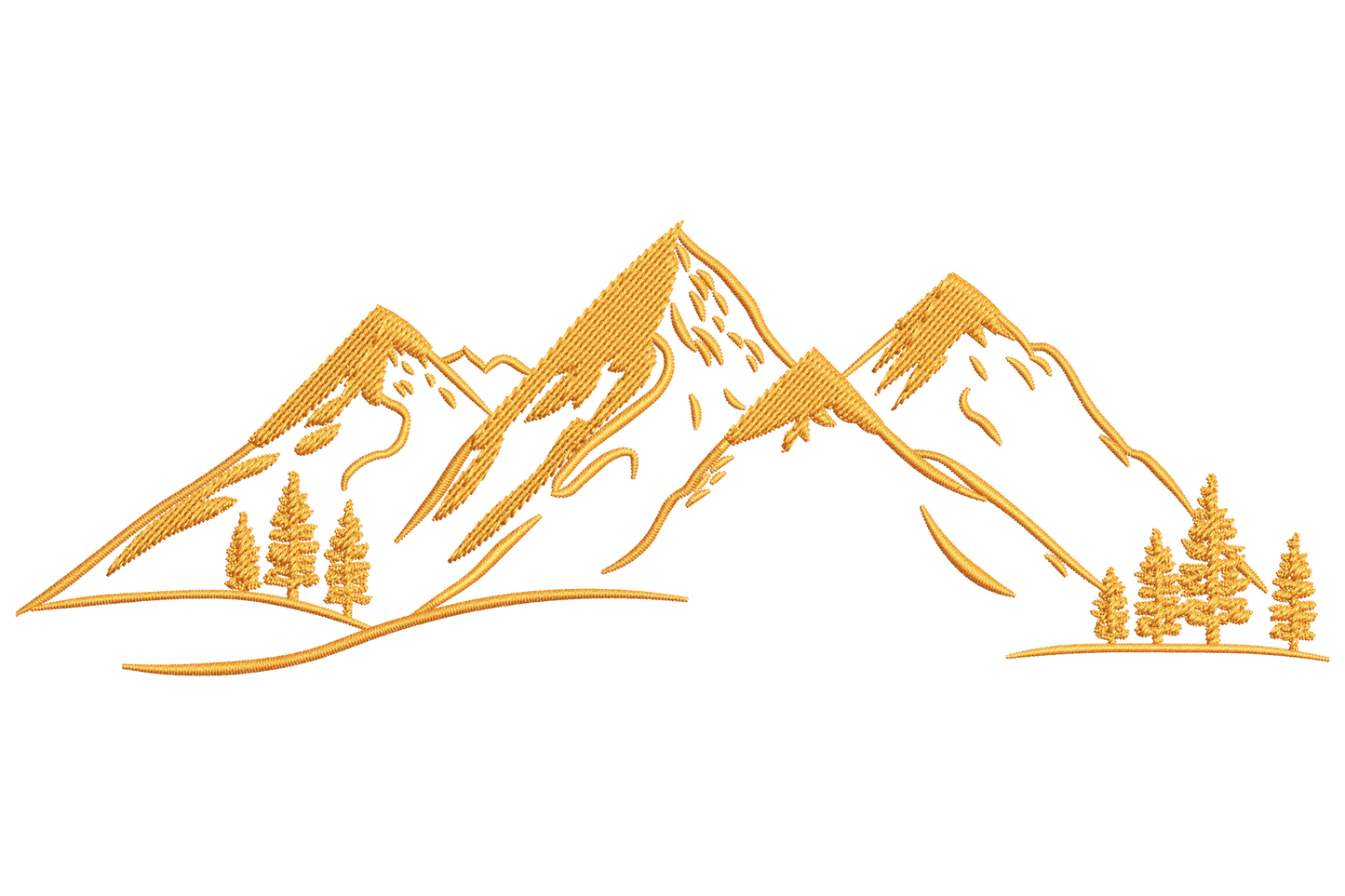 Single-colour mountain outline embroidery, tall central peak, two ridges, pine tree at base, clean minimal line art.