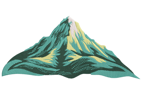 Mountain peak embroidery design with teal and forest green layered directional stitching, pale yellow valleys, white snow cap, 3.41 inch wide.