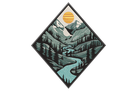 mountain river landscape embroidery in diamond frame, teal river through pine forest under striped yellow sun