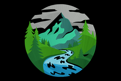 Circular logo with a mountain, trees, and stream on a black background