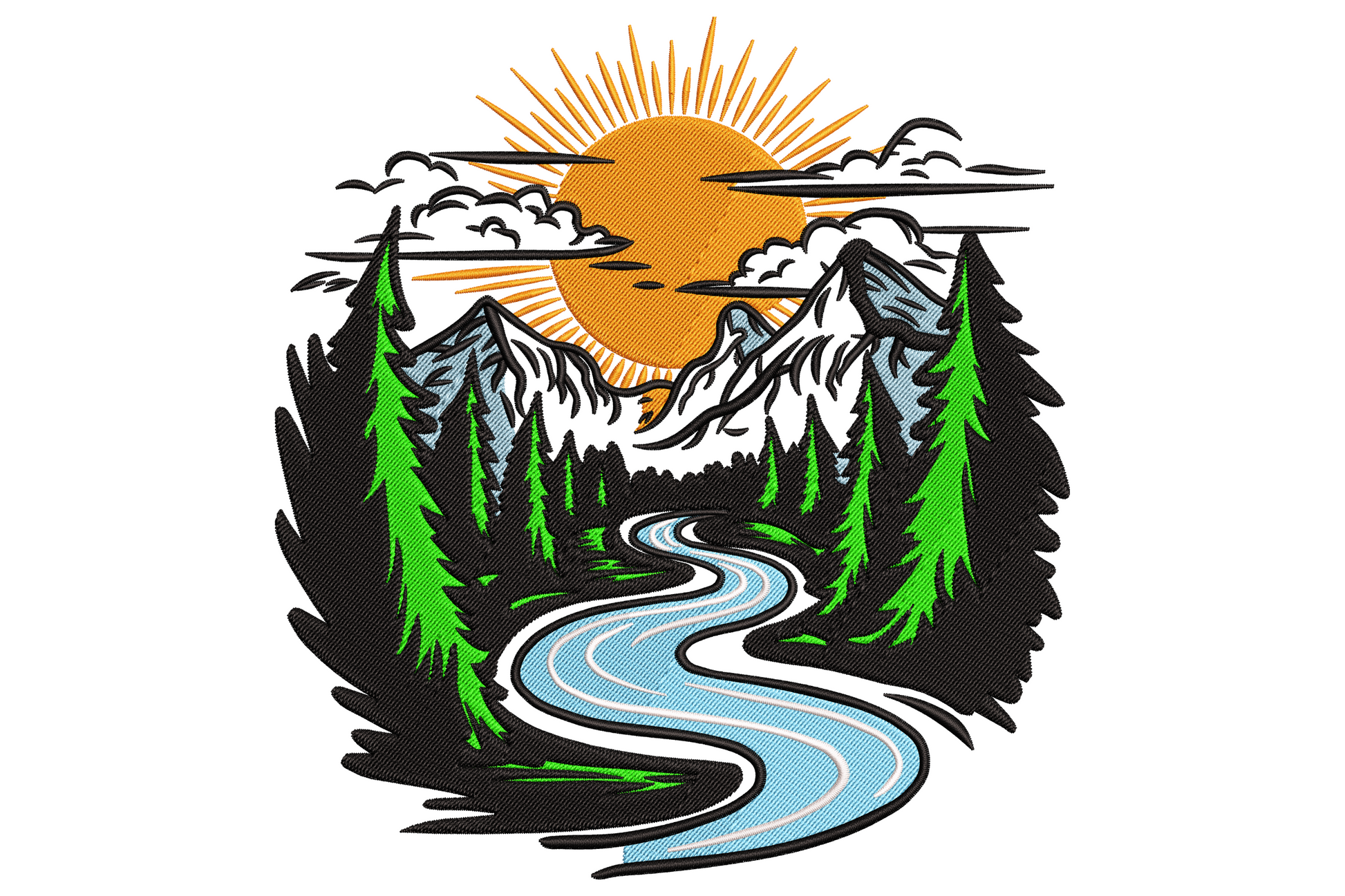 Mountain river sunset embroidery, snowy peaks, orange sun, pine forest silhouettes and curved blue river, woodland scene.