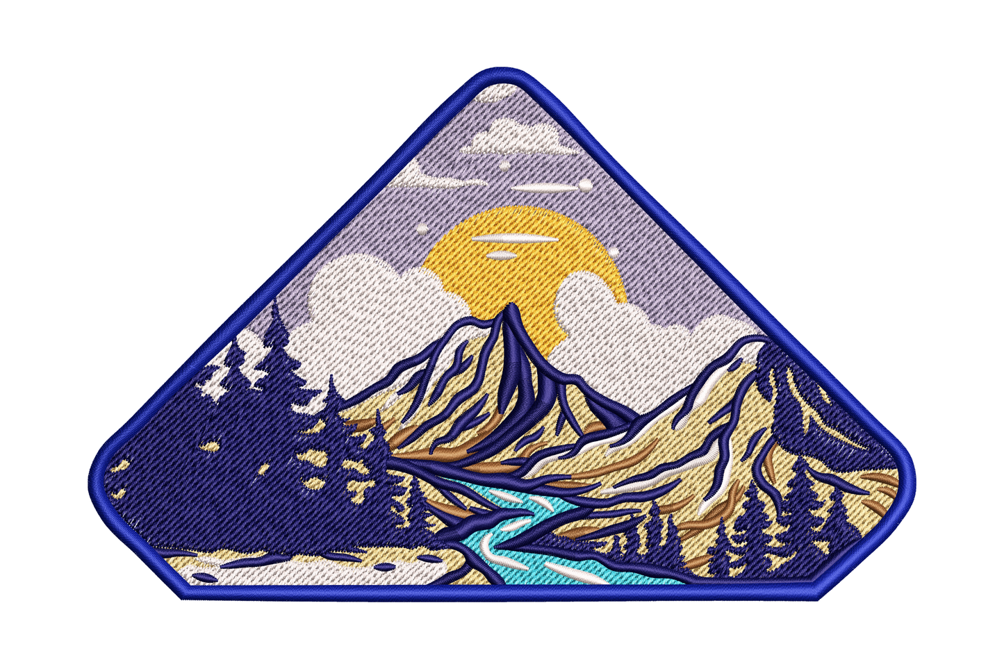 Mountain sunset landscape embroidery patch in a diamond shape, golden sun behind peaks with blue border and turquoise river, 8 colours, 5 sizes.