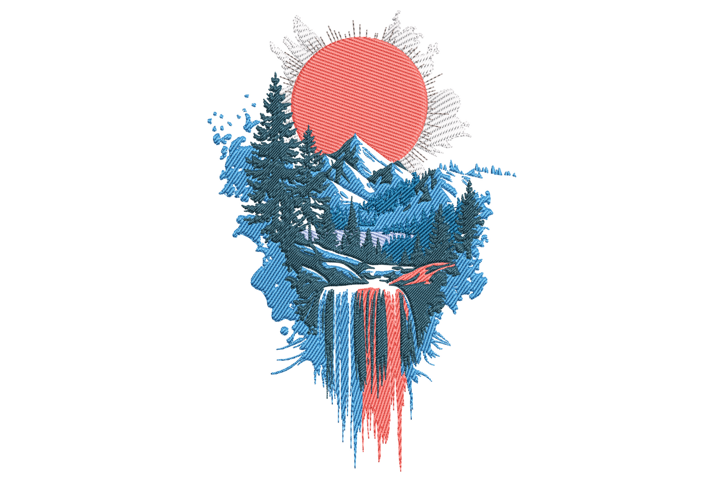 Mountain waterfall landscape embroidery design with pine forest, rocky peaks, coral sun and cascading falls in steel blue and salmon tones.