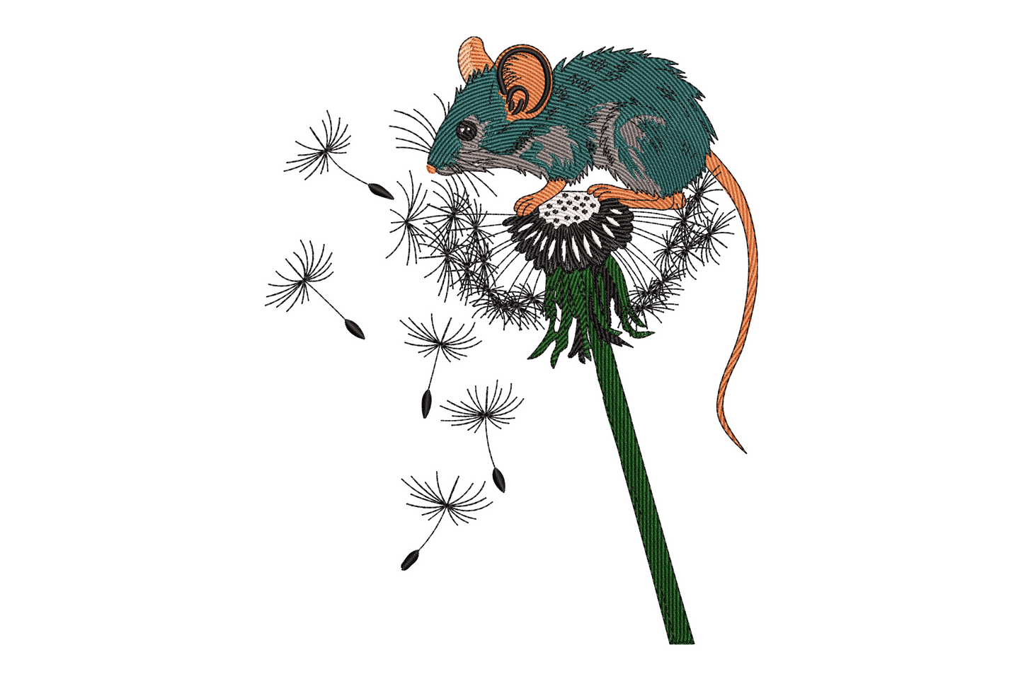 Mouse on dandelion embroidery, teal field mouse on dandelion clock, floating seeds, olive green stem, soft naturalistic stitch style.