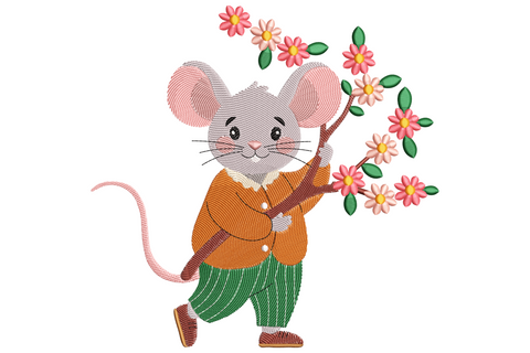 Cute cartoon grey mouse embroidery holding pastel spring bouquet of pink tulips, yellow daisies, blue forget-me-nots in soft kawaii storybook style.