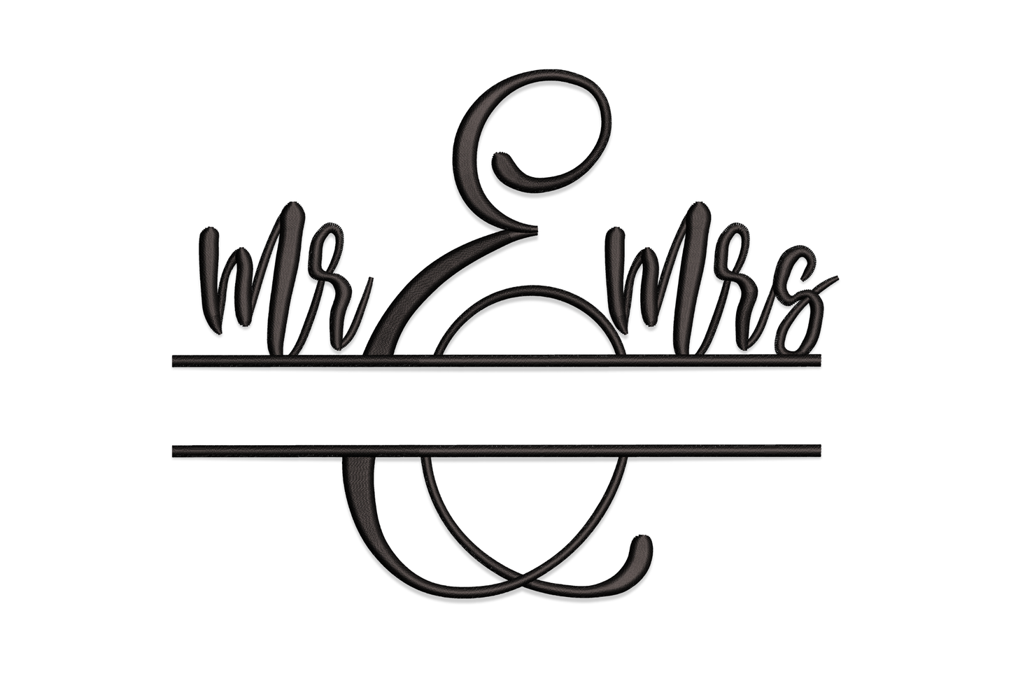 Mr and Mrs ampersand monogram machine embroidery design in connected calligraphy script, single colour, 5 sizes from 2.39 to 5.56 inches