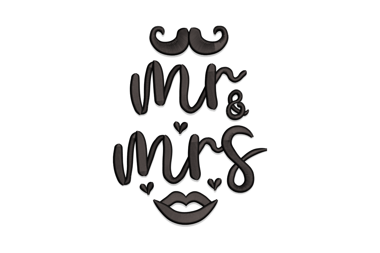 Mr and Mrs embroidery design with mustache and lips stacked lettering, novelty wedding style in black thread.