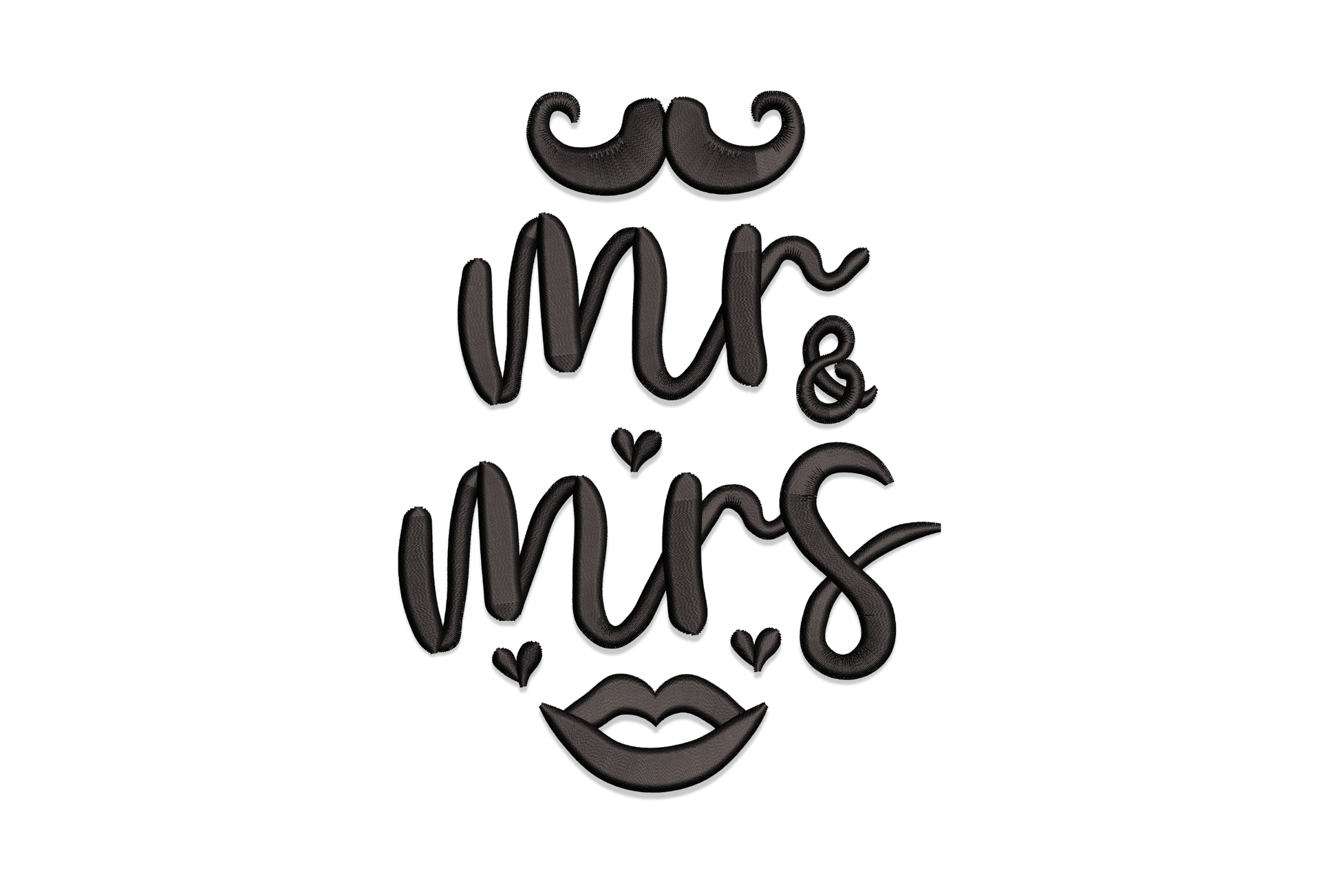 Mr and Mrs embroidery design with mustache and lips stacked lettering, novelty wedding style in black thread.