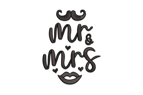 Mr and Mrs embroidery design with mustache and lips stacked lettering, novelty wedding style in black thread.