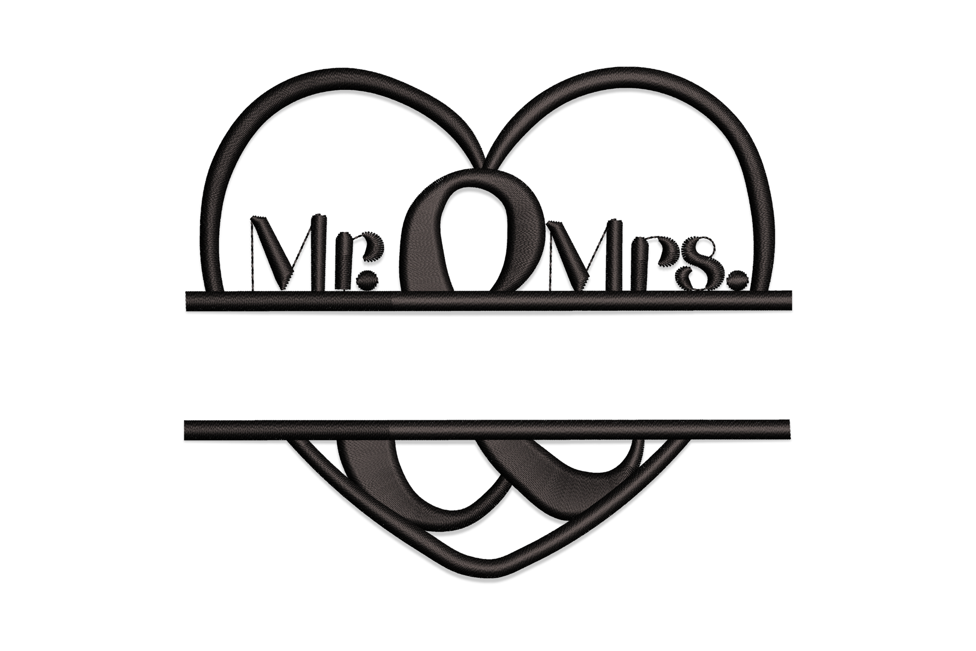 Mr and Mrs heart monogram embroidery design with interlocking split heart frame, black thread, wedding motif.