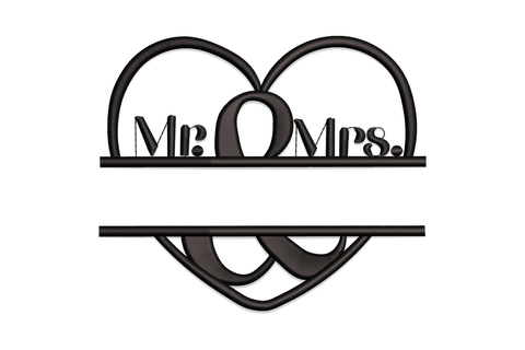 Mr and Mrs heart monogram embroidery design with interlocking split heart frame, black thread, wedding motif.