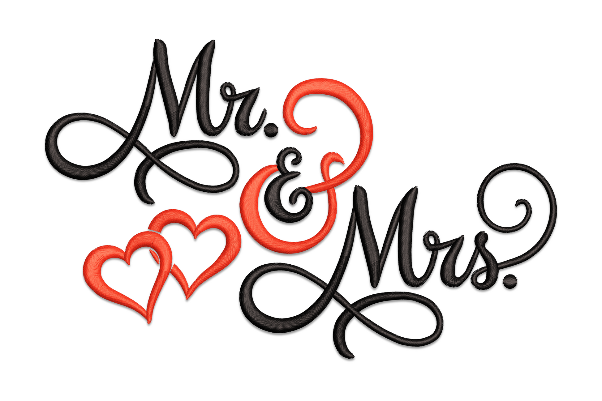 Mr and Mrs in black flowing script with red ampersand and hearts, 2-colour machine embroidery design on white fabric.