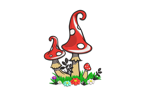 Mushroom garden embroidery with three red spotted toadstools, wildflowers and green grass base in bright cottagecore storybook style.