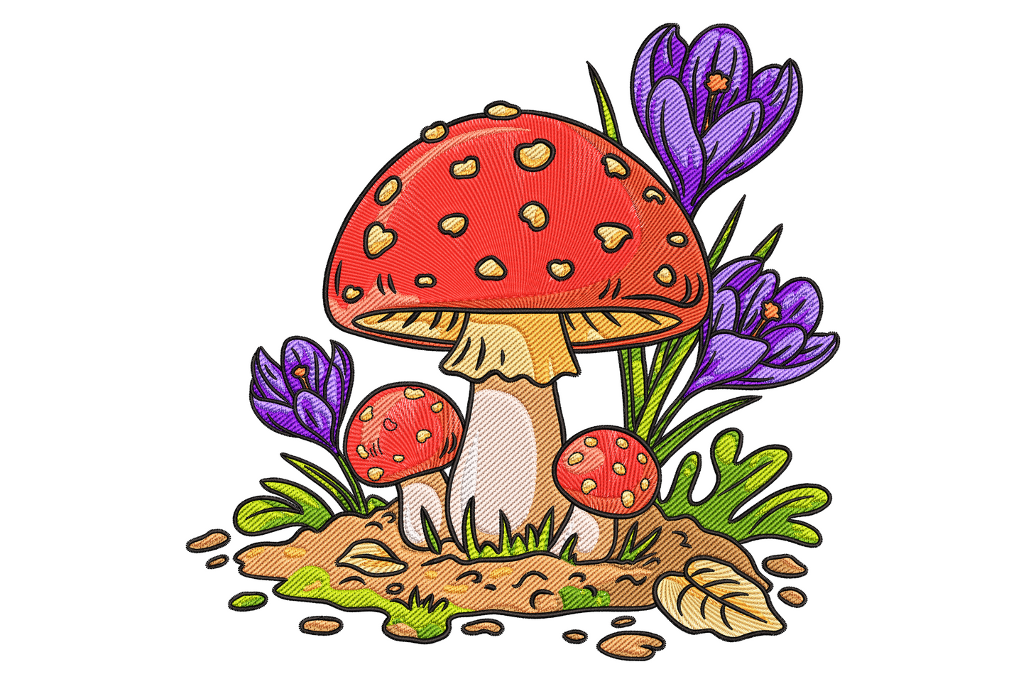 Mushroom garden floral embroidery design, red toadstool with white spots flanked by smaller mushrooms and crocus blooms