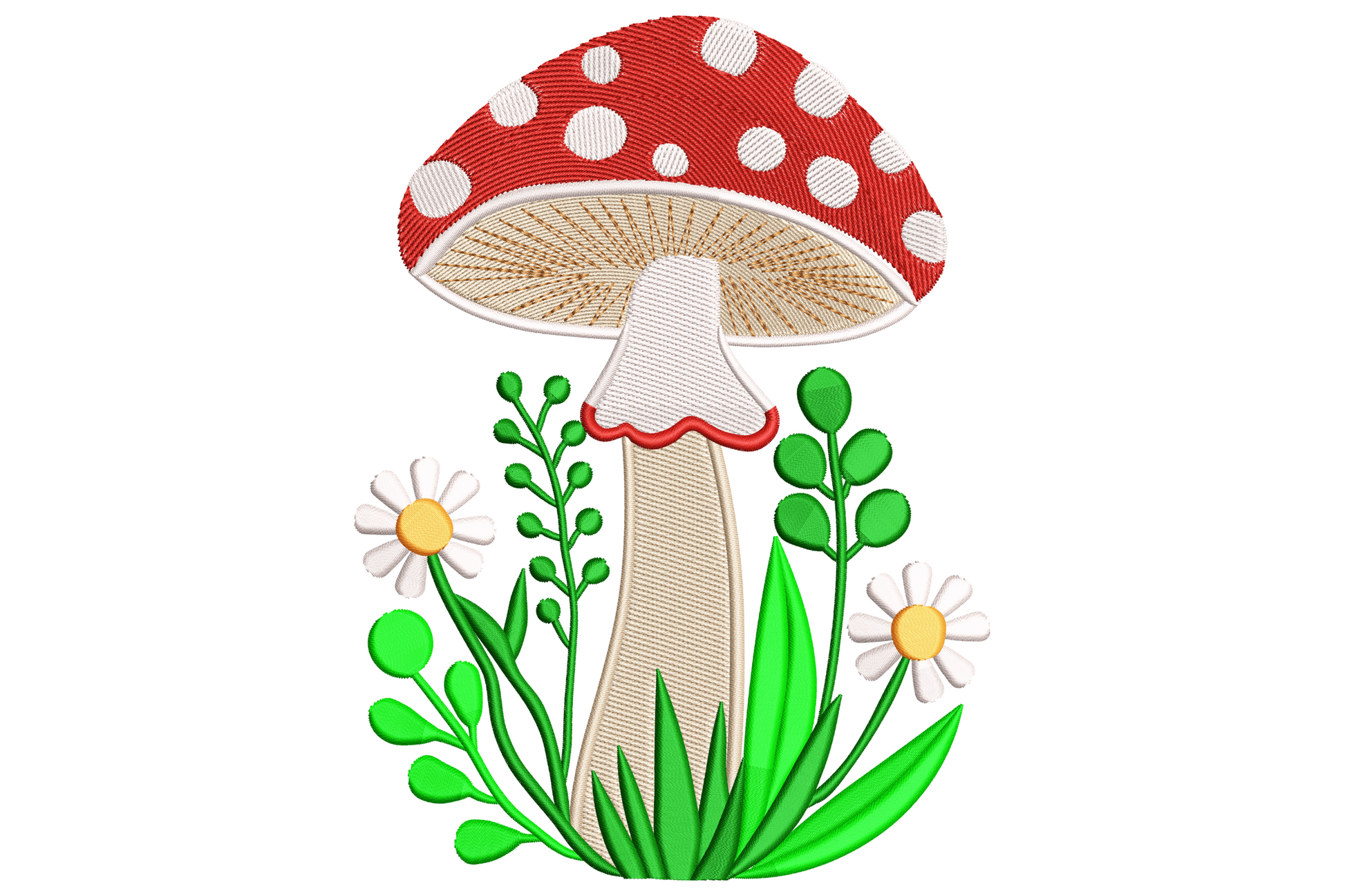 Mushroom garden embroidery with red toadstool, white daisies, fern fronds and grass blades in cottagecore woodland style.
