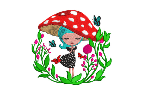 Mushroom girl embroidery with dreamy girl in red amanita hat, teal hair, botanical flower wreath and butterflies.