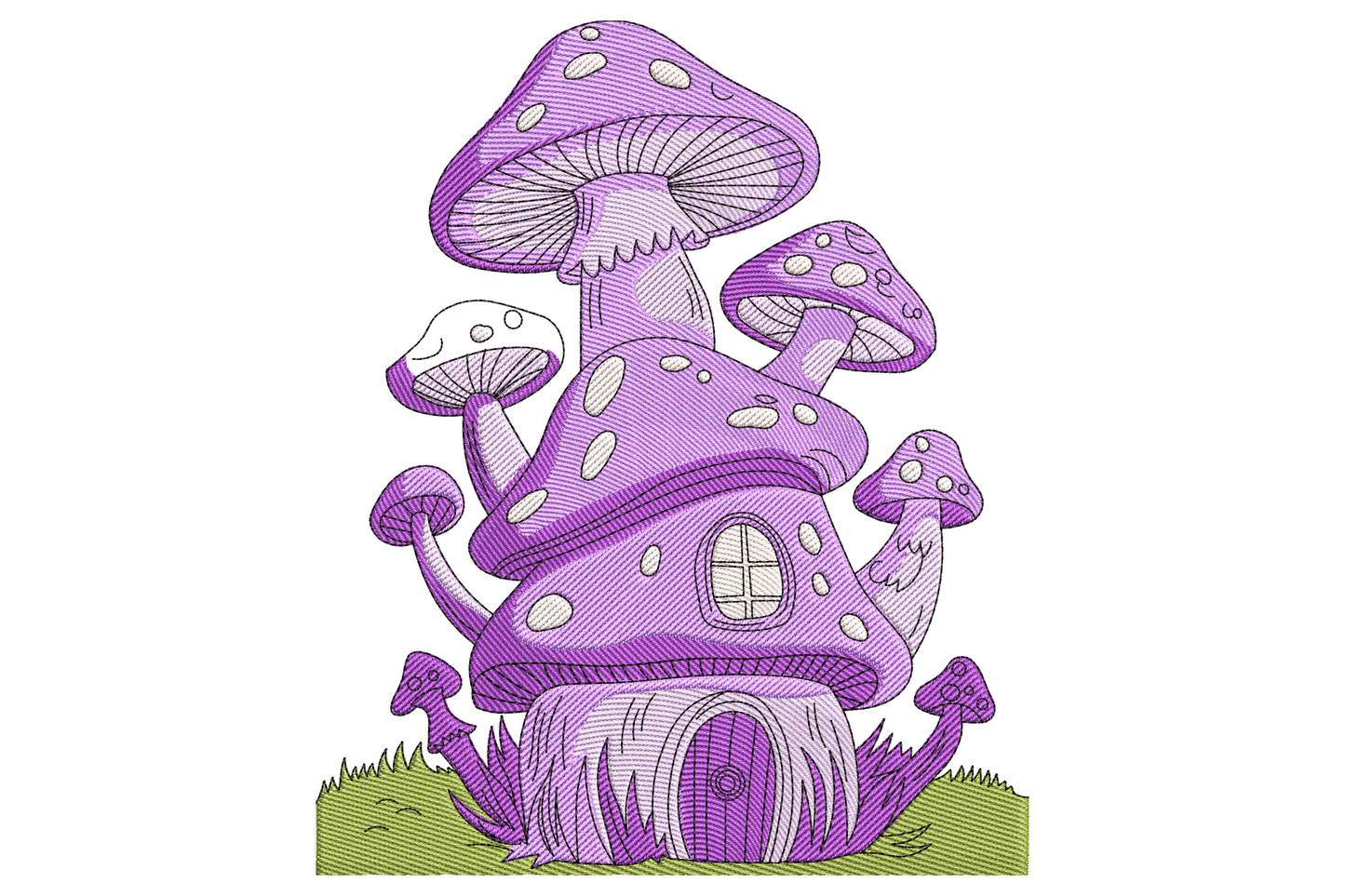 Mushroom house fairy cottage embroidery, purple toadstool tower with tiny door, cross-pane window and sage grass base.