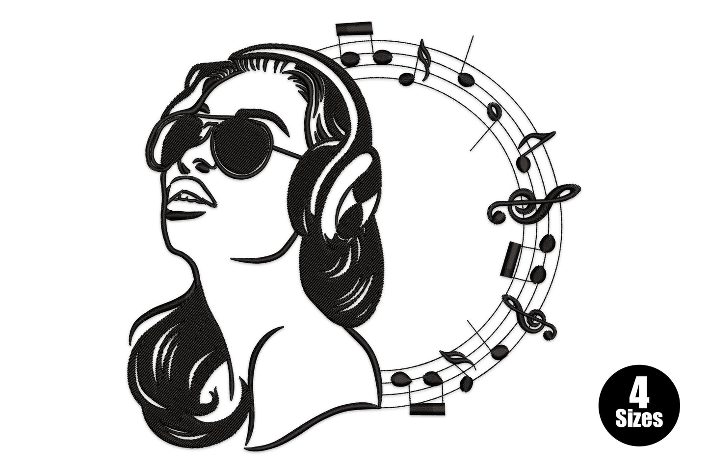 Music girl with headphones embroidery design, side profile woman with sunglasses and circular music notes, black thread