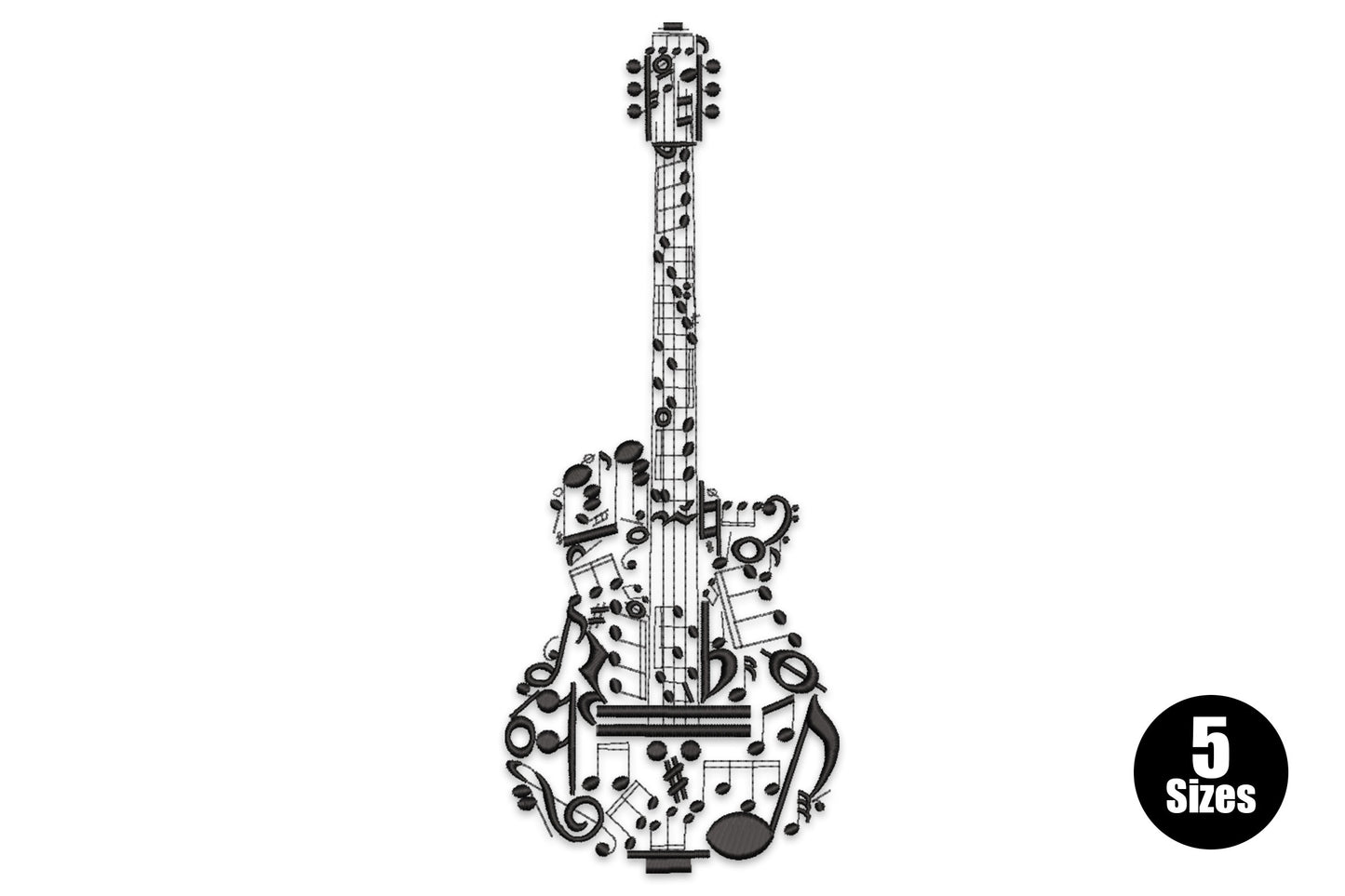 Electric guitar embroidery design with the entire guitar silhouette filled with musical notation symbols including treble clefs, notes and bar lines.